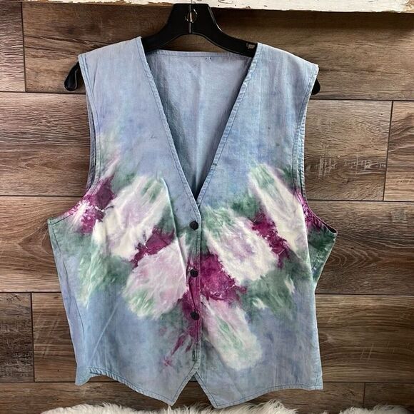 Source unknown Jackets & Blazers - Vintage Tie Dyed Cotton Button Front Single Stitch Blue Vest Size Small Medium